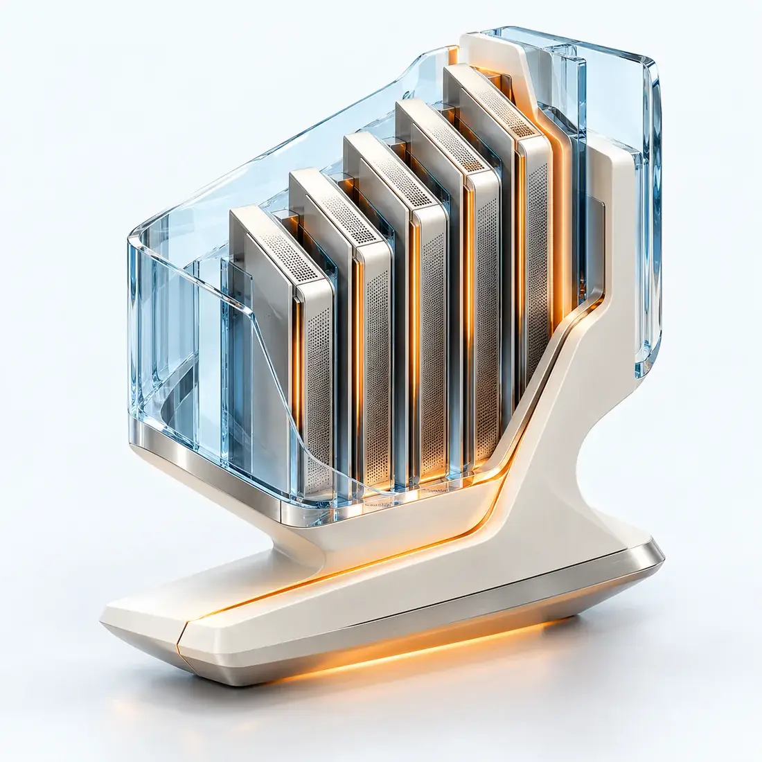 Sculpturaal compute-object met modulaire serverlagen en een glazen omhulling.
